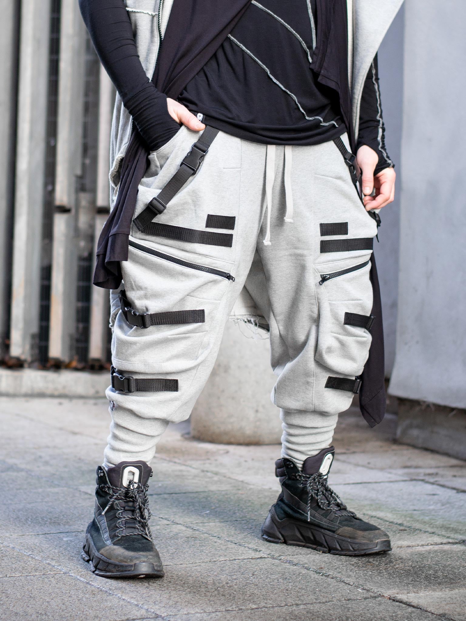 Zye Men's Alternative Cargo Joggers with Straps and Buckles - Grey