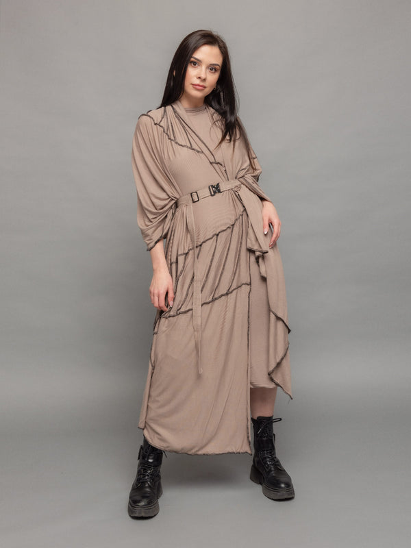 Athea oversized wrap over scarf dress in taupe with black contrast stitch - front view when worn as a cloak