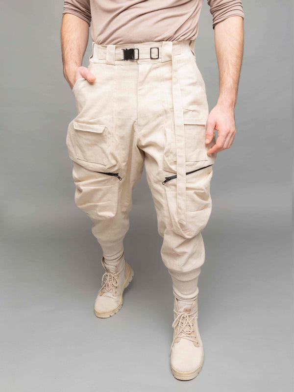 Desert Warlocks, Heavyweight linen cargo pants with 10 pockets by Rags by Jak in Sand - Front View