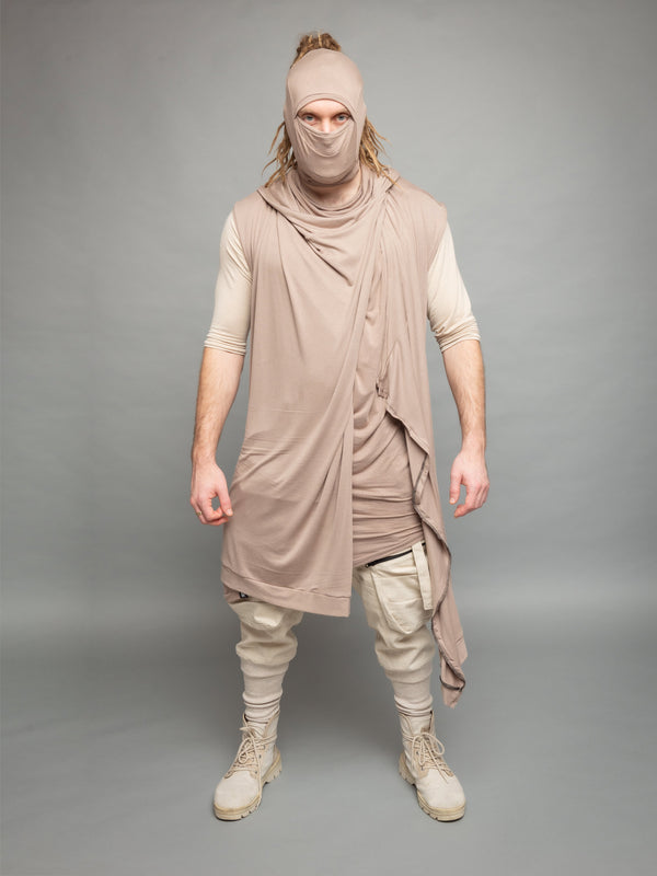 Shadow Cloak in Taupe - Full body view paired wit the gorgon balaclava
