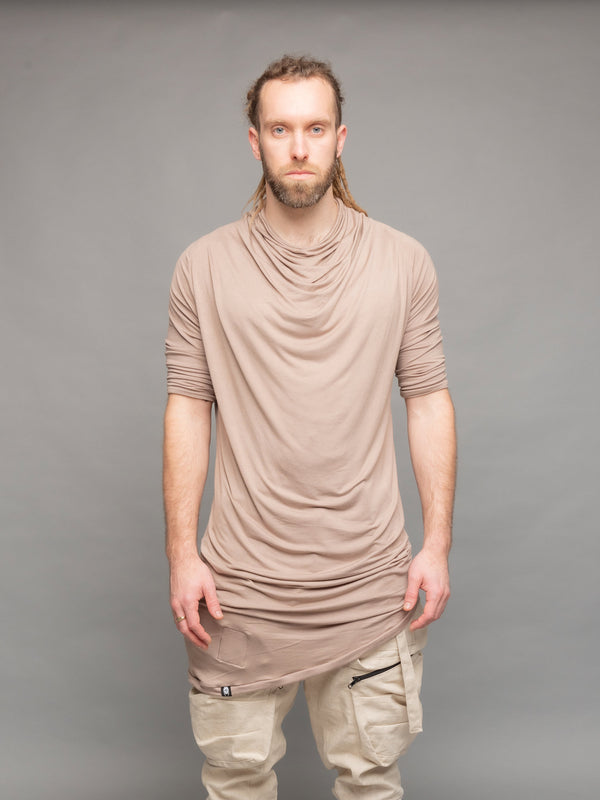 Krypt cowl neck short sleeve t-shirt with asymmetric hem in Taupe - Front View 