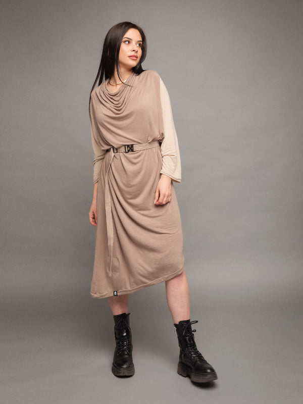 Rheya asymmetric midi dress with cowl neck and matching belt with buckle in taupe with sleeves in sand - front view -