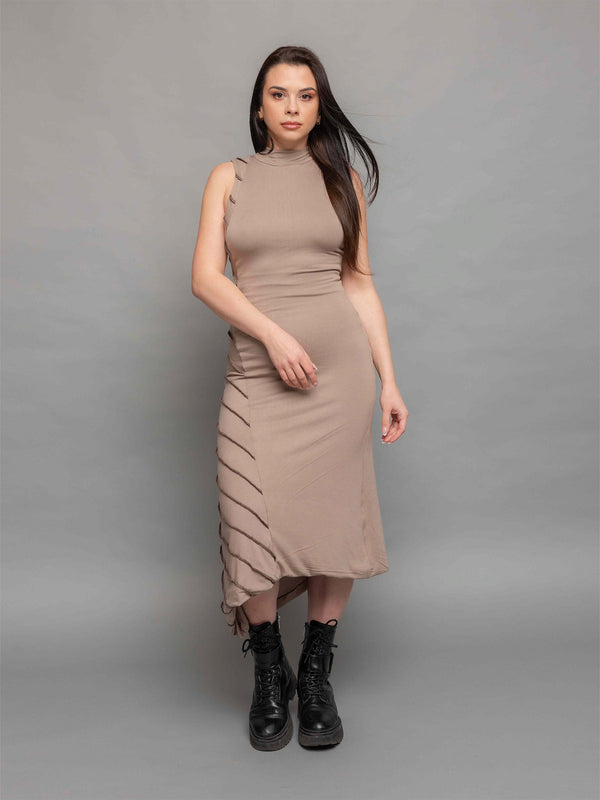 Valkiri bodycon midi dress in taupe with asymmetric hem and contrast overlock stitch details - front view