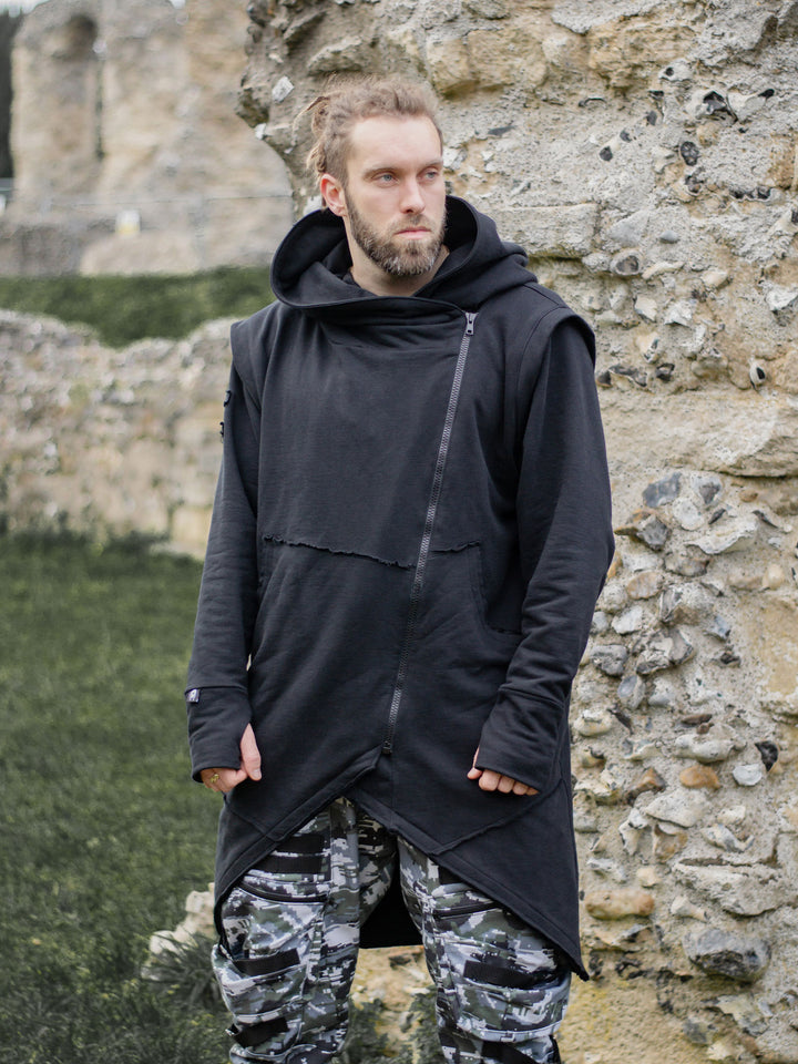 Arakion Mens Asymmetric Zip Up Hoodie with Thumbholes and Distressed Details in Black - image showing a male model wearing the hoodie