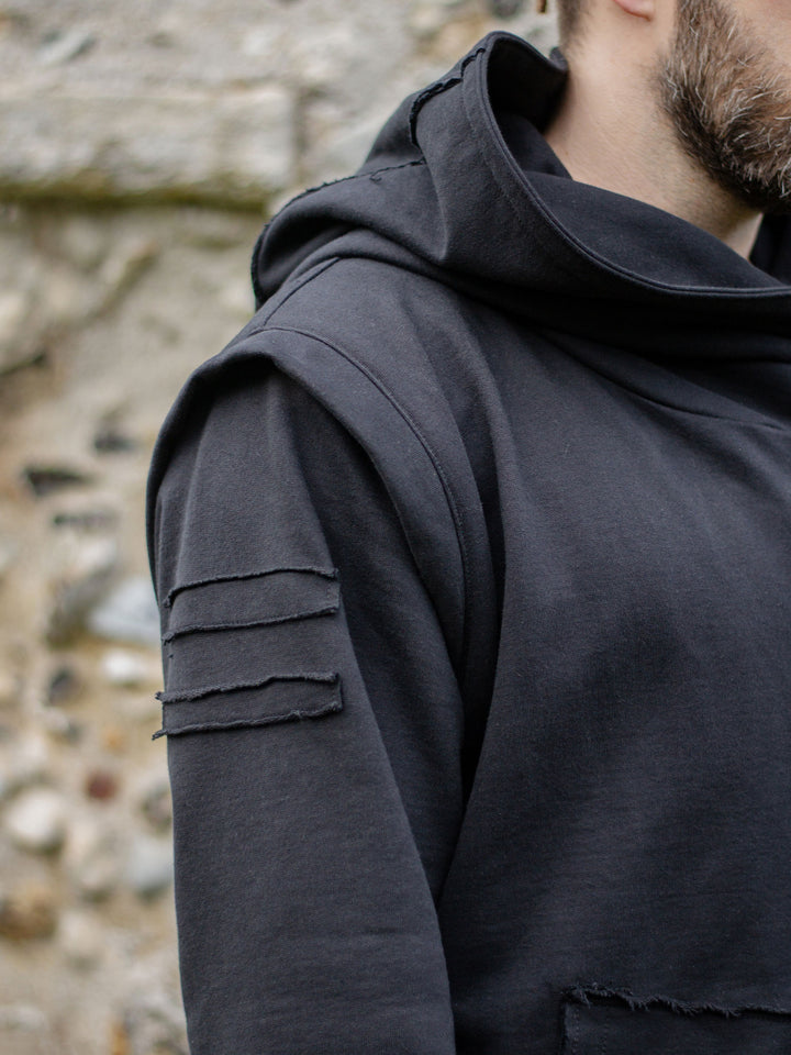 Arakion Mens Asymmetric Zip Up Hoodie with Thumbholes and Distressed Details in Black - close up of the distressed stripe detail on the sleeve