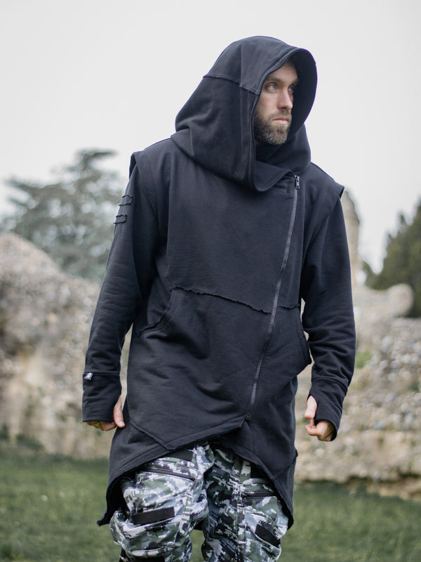 Arakion Mens Asymmetric Zip Up Hoodie with Thumbholes and Distressed Details in Black - image showing the hoodie worn with the oversized hood on