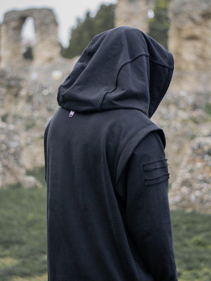 Arakion Mens Asymmetric Zip Up Hoodie with Thumbholes and Distressed Details in Black - close up of the back showing the distressed details on the hood