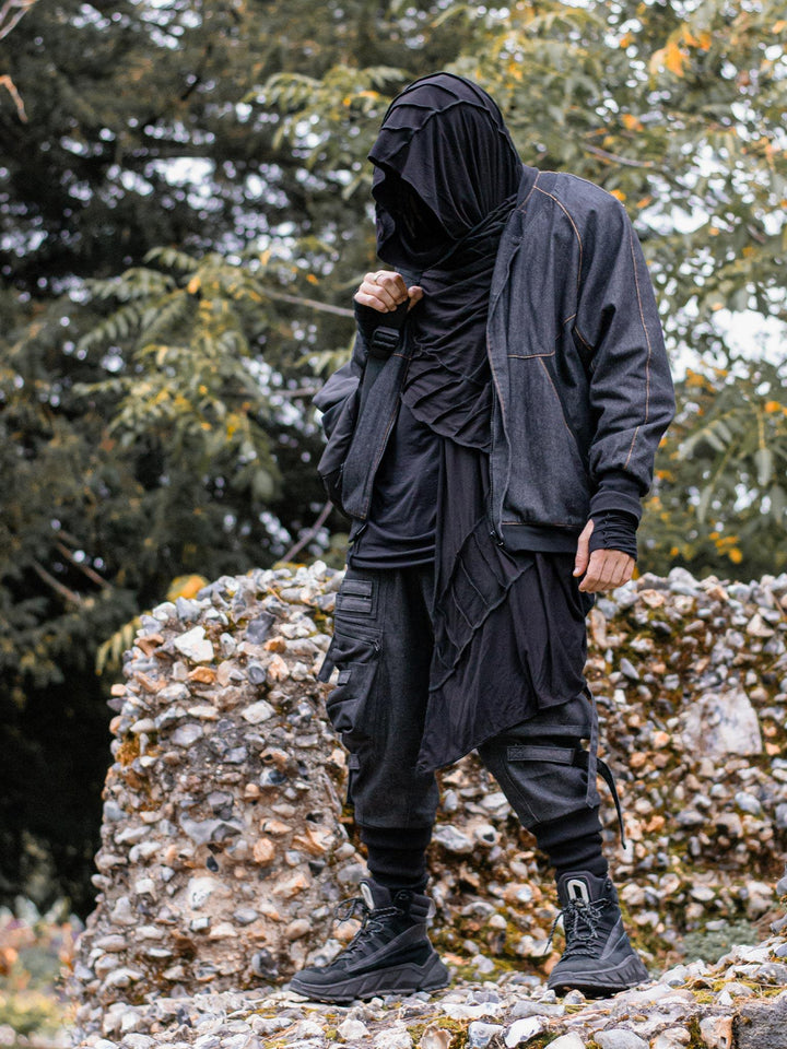 Styled Picture of the Atheon Oversized Scarf in Black with Matching Overlock Panels for a Dystopian, Post-Apocalyptic Look.