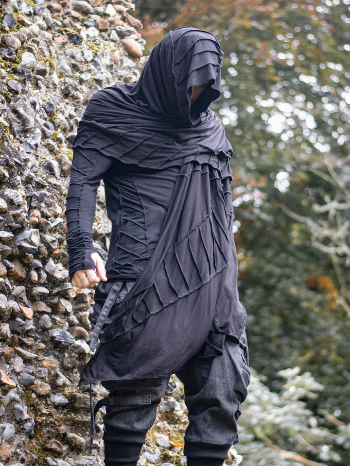 Front View of the Atheon Oversized Scarf in Black with Matching Overlock Panels for a Dystopian, Post-Apocalyptic Look.