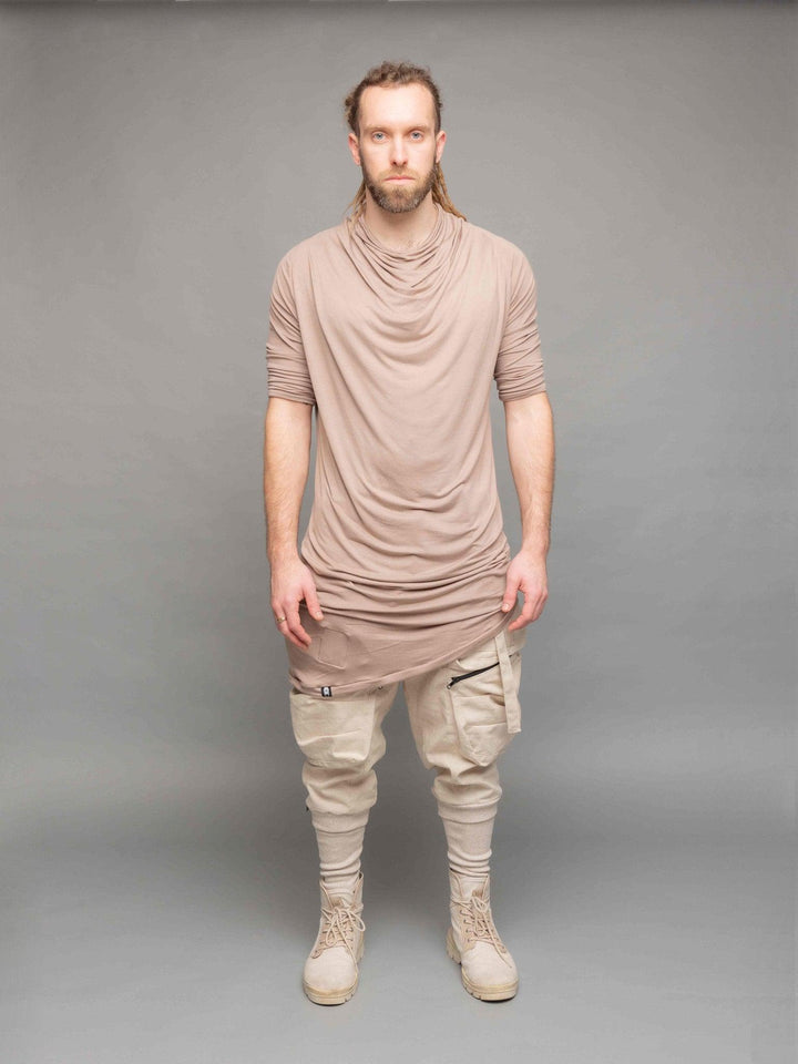 Desert Warlock Men's Cargo Pants in Sand Natural Linen with Drop Crotch, 10 Pockets Design, Ribbed Calf Supports and Belt with Metal Buckle