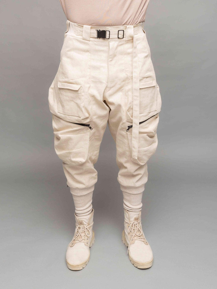 Desert Warlock Men's Cargo Pants in Sand Natural Linen with Drop Crotch, 10 Pockets Design, Ribbed Calf Supports and Belt with Metal Buckle