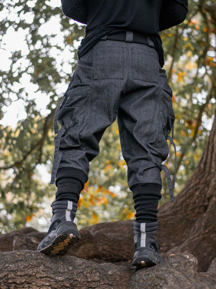 Back View of the Haides Men's Cargo Pants with Straps and Buckles, Drop Crotch Fit, Multi Pocket Design - Rags by Jak