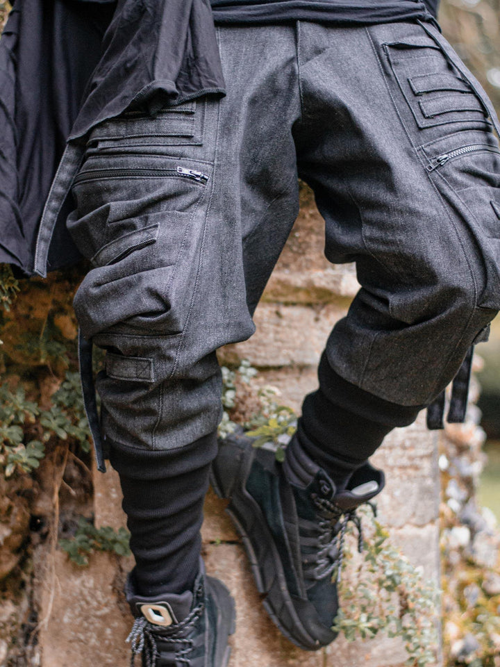 Close Up of Haides Men's Cargo Pants with Straps and Buckles, Drop Crotch Fit, Multi Pocket Design - Rags by Jak