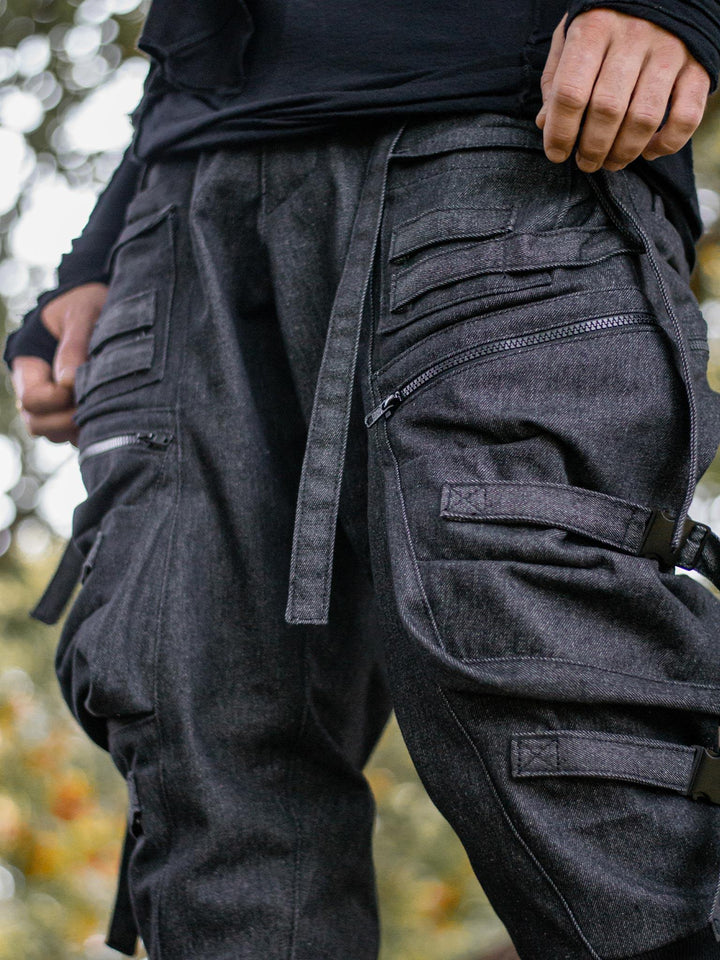 Close-Up Picture of the Haides Men's Cargo Pants with Straps and Buckles, Drop Crotch Fit, Multi Pocket Design - Rags by Jak