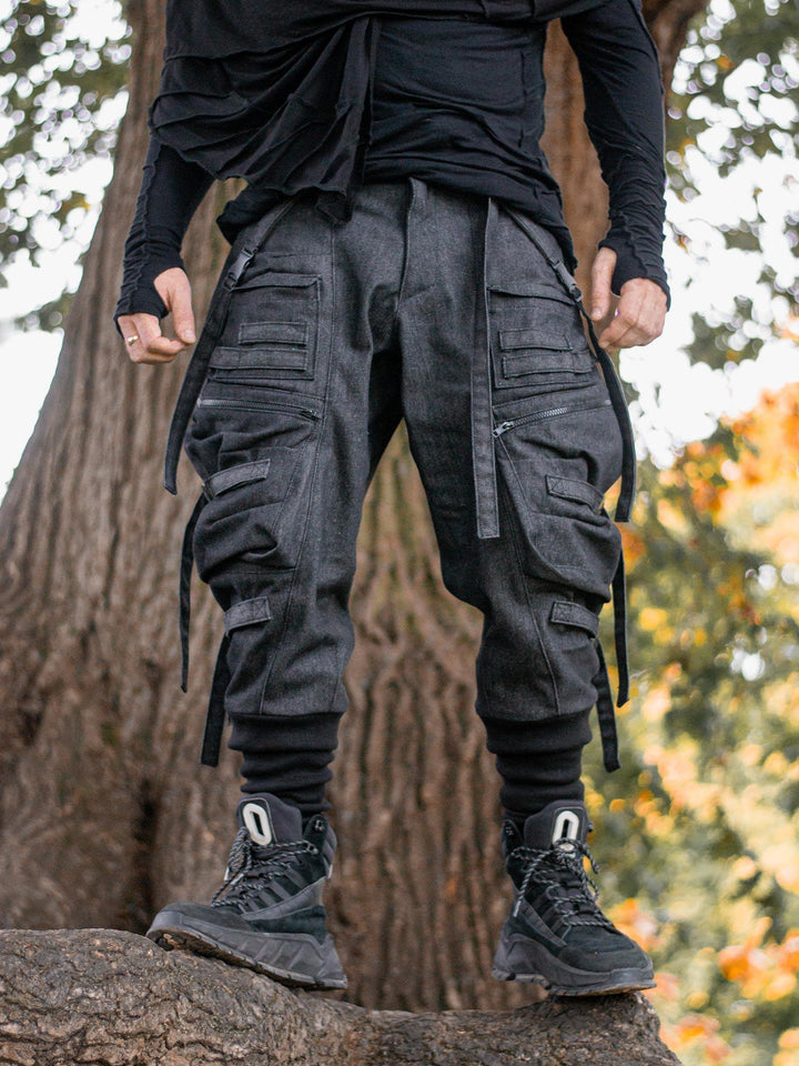 Front Picture of the Haides Men's Cargo Pants with Straps and Buckles, Drop Crotch Fit, Multi Pocket Design - Rags by Jak