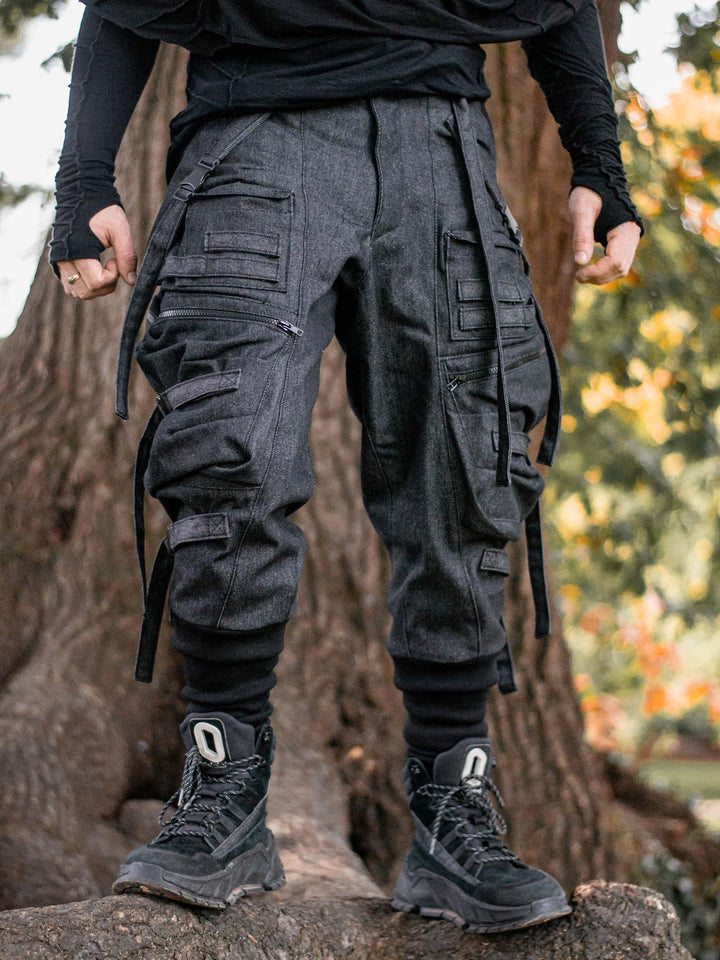 Angled View of  Men's Cargo Pants with Straps and Buckles, Drop Crotch Fit, Multi Pocket Design - Rags by Jak