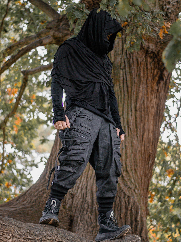 Styled Image of Haides Men's Cargo Pants with Straps and Buckles, Drop Crotch Fit, Multi Pocket Design - Rags by Jak