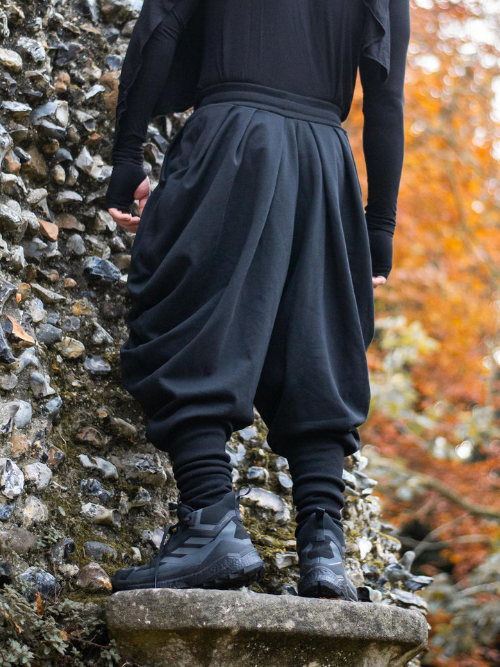 Hattori Avant Garde Ninja Pants with Drop Crotch, Japanese Style Trousers in Black - image showing the back of the ninja pants