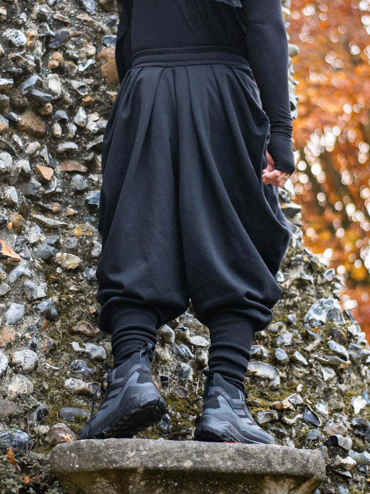 Hattori Avant Garde Ninja Pants with Drop Crotch, Japanese Style Trousers in Black - image showing the back of the ninja pants