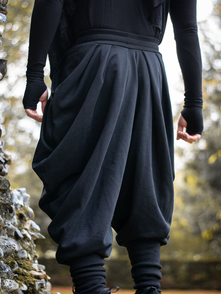 Hattori Avant Garde Ninja Pants with Drop Crotch, Japanese Style Trousers in Black - image showing a back image of the pleats and darts of the ninja pants