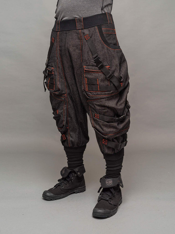 Kraken Men's Cargo Pants with 10 Pocket Design, Drop Crotch, Ribbed Calf Support & Contrast Stitching - 12oz Denim with Orange Contrast Stitching 