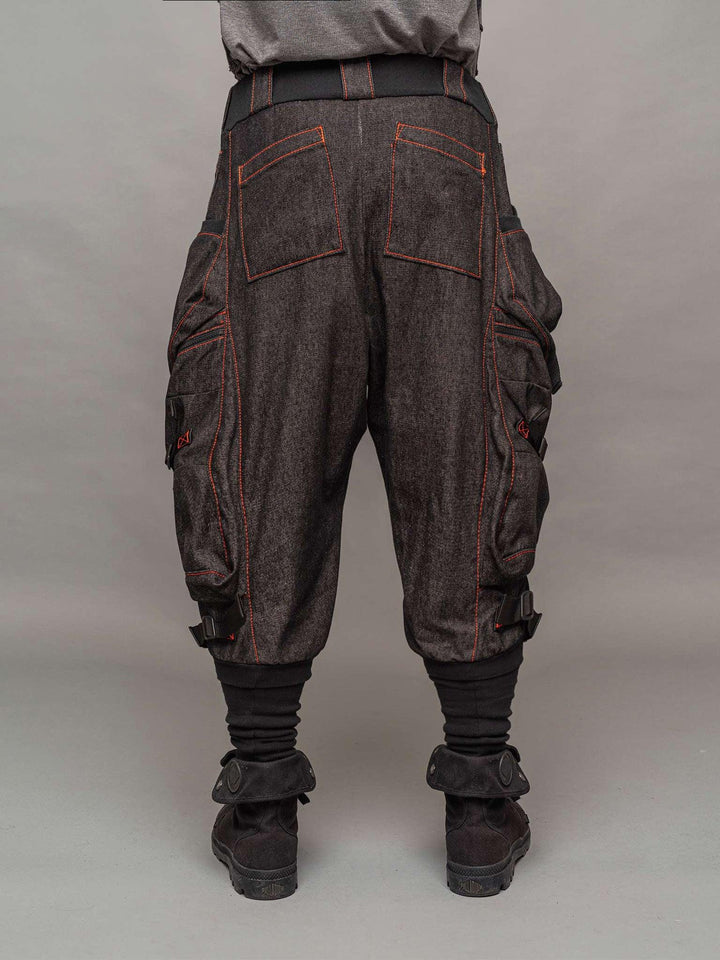 Kraken Men's Cargo Pants with 10 Pocket Design, Drop Crotch, Ribbed Calf Support & Contrast Stitching - 12oz Denim with Orange Contrast Stitching 