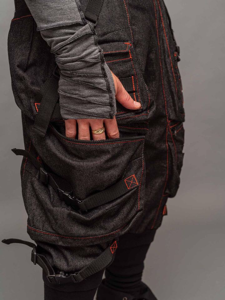Kraken Men's Cargo Pants with 10 Pocket Design, Drop Crotch, Ribbed Calf Support & Contrast Stitching - 12oz Denim with Orange Contrast Stitching 