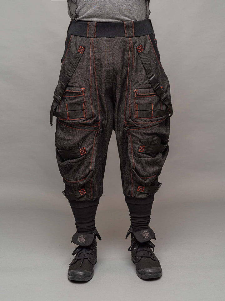 Kraken Men's Cargo Pants with 10 Pocket Design, Drop Crotch, Ribbed Calf Support & Contrast Stitching - 12oz Denim with Orange Contrast Stitching 