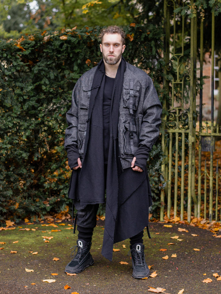 Kronos Men's Oversized Bomber Jacket with 10 Pocket Design, Metal Buckles and Thumbholes - Full body view on the jacket styled with the Athos Scarf