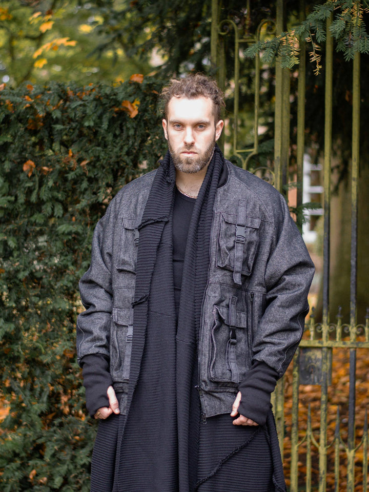 Kronos Men's Oversized Bomber Jacket with 10 Pocket Design, Metal Buckles and Thumbholes - Front view with jacket open and styled with the Athos Scarf