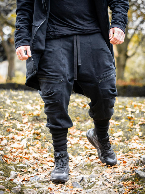 Nomadix Mens Drop Crotch Joggers with 4 Pockets Design and Calf Support in Black, made from 500gsm French Terry Loopback - front in motion