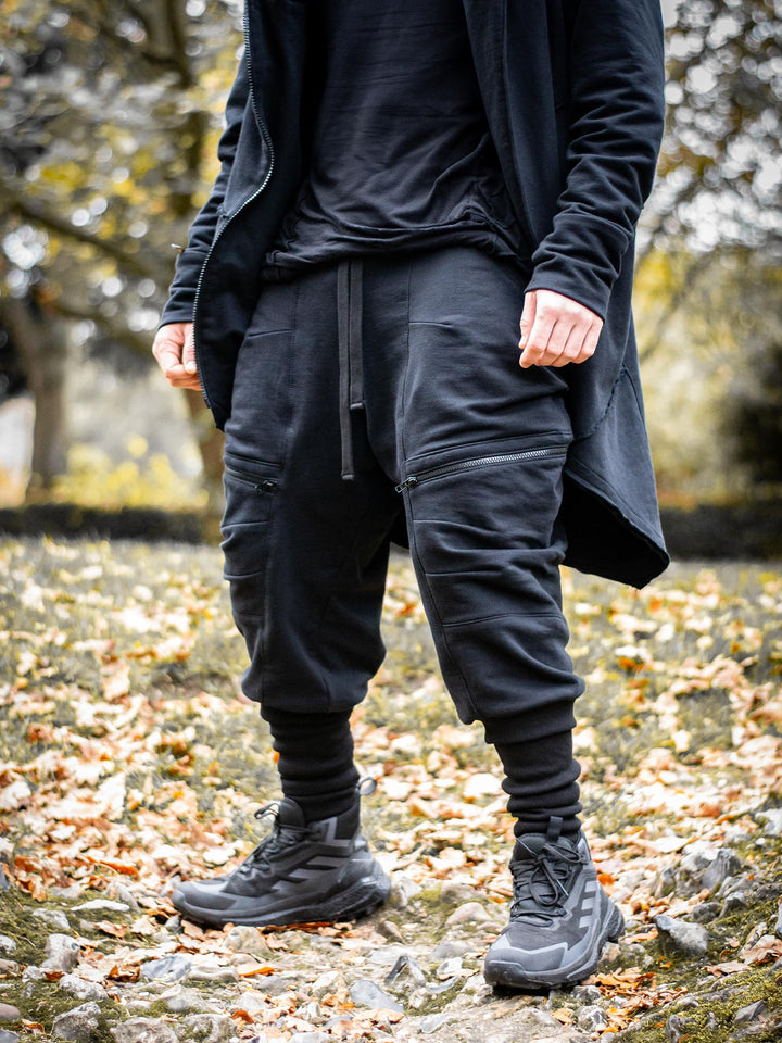 Nomadix Mens Drop Crotch Joggers with 4 Pockets Design and Calf Support in Black, made from 500gsm French Terry Loopback - angle view