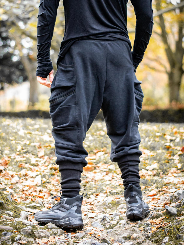 Nomadix Mens Drop Crotch Joggers with 4 Pockets Design and Calf Support in Black, made from 500gsm French Terry Loopback - back view