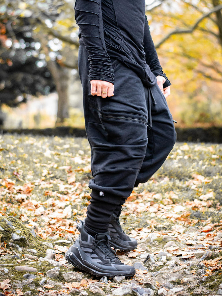 Nomadix Mens Drop Crotch Joggers with 4 Pockets Design and Calf Support in Black, made from 500gsm French Terry Loopback - side angle