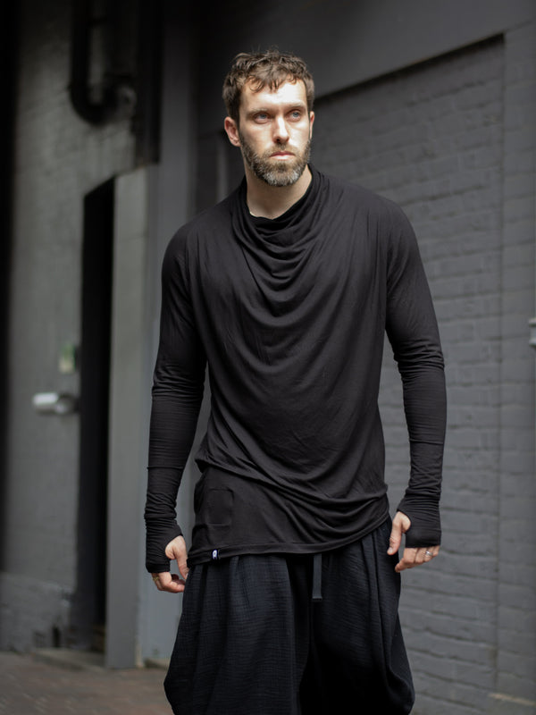 Krypt V2 Long sleeve Men's Bamboo Asymmetric Draped T-Shirt - Black