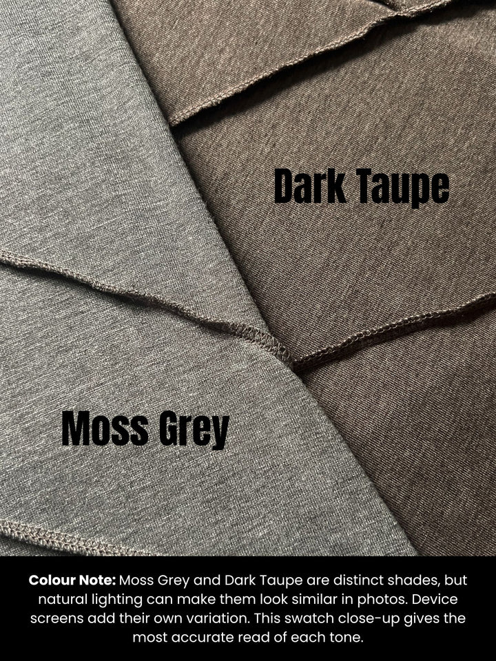 Raid men's avant garde t-shirt - Fabric swatches showing Moss Grey and Dark Taupe