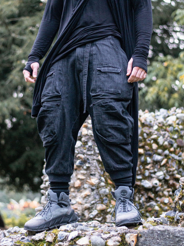 Front View of Warlock Men's Drop Crotch Denim Cargo Pants with 10 Pocket Design in Heavyweight Denim