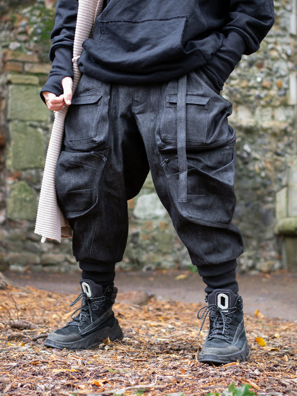 Warlock Men's Drop Crotch Denim Cargo Pants with 10 Pocket Design in Heavyweight Denim