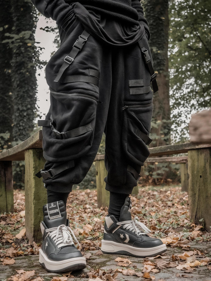 Zye Men's Drop Crotch Joggers in Black, featuring Straps and Buckles, and a functional 4 pockets design - front image