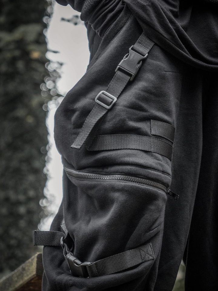 Zye Men's Drop Crotch Joggers in Black, featuring Straps and Buckles, and a functional 4 pockets design - close up of the details