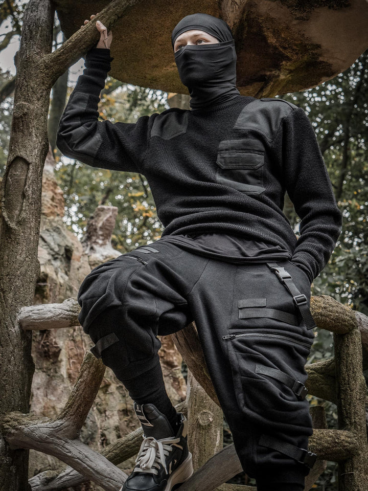 Zye Men's Drop Crotch Joggers in Black, featuring Straps and Buckles, and a functional 4 pockets design - styled with the Fusion Long Sleeve T-Shirt and Balaclava