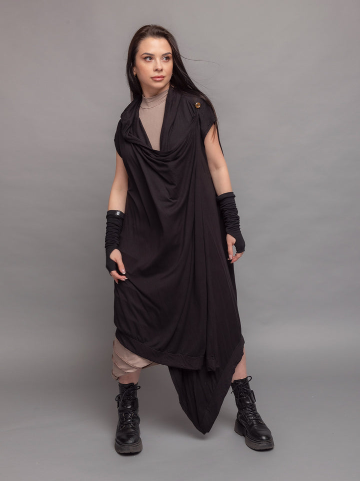 Aria Gauntlets fingerless gloves in black - full body shot styled with the Medina cloak