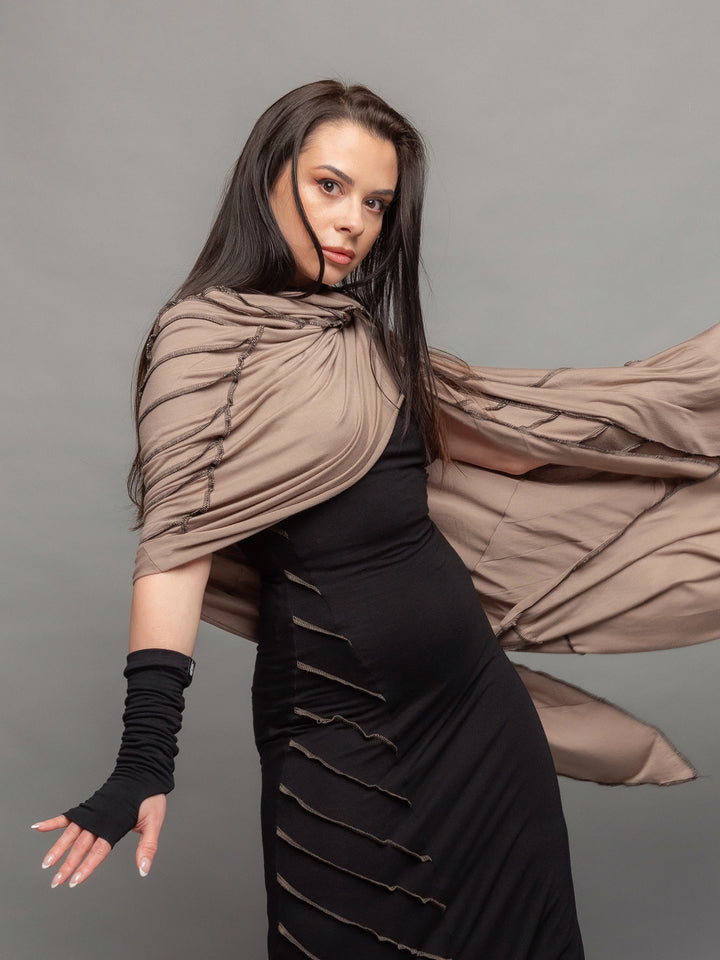 Aria Gauntlets fingerless gloves in black - pose styled with the Medina cloak and Valkiri dress