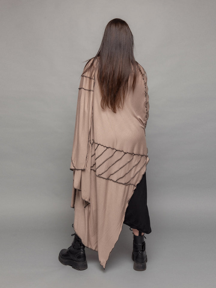 Athea oversized wrap over scarf dress in taupe with black contrast stitch - back view