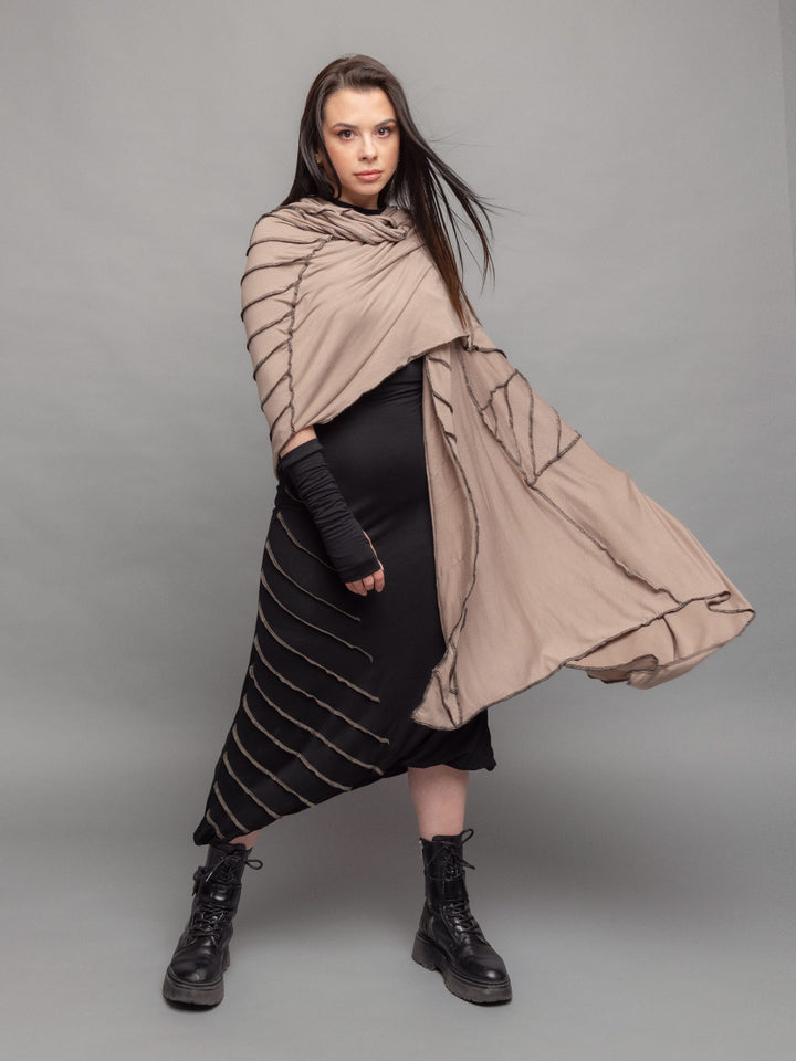 Athea oversized wrap over scarf dress in taupe with black contrast stitch - front view when worn as a scarf