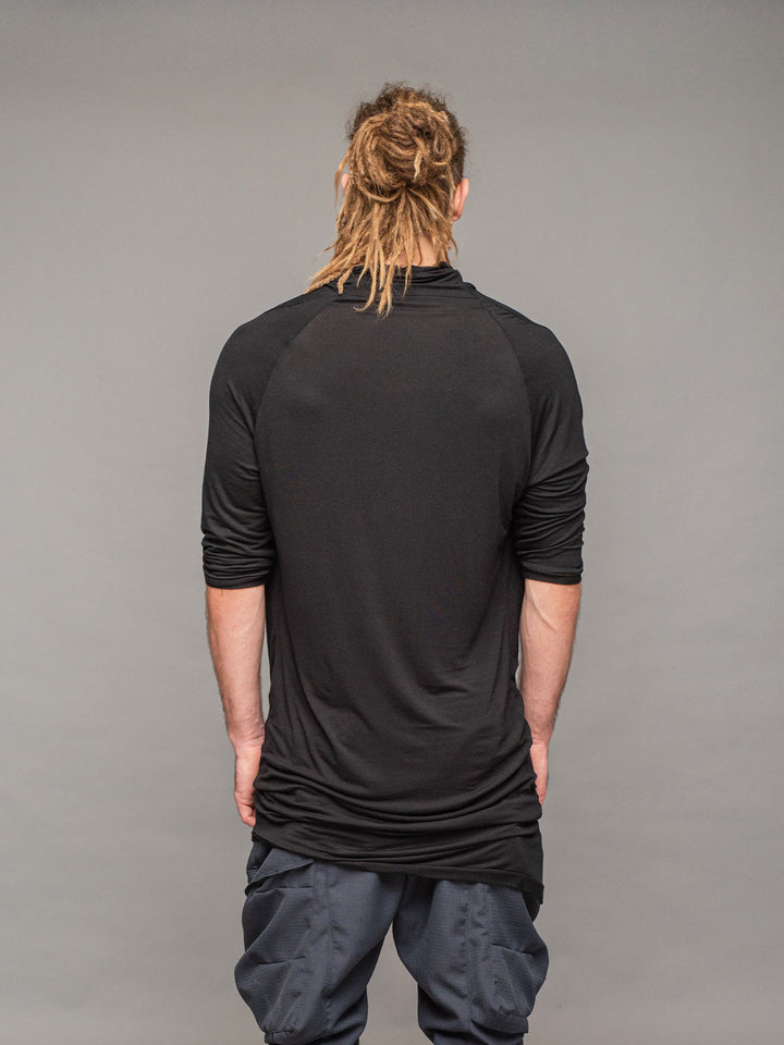 krypt bamboo asymmetric draped t-shirt in black - back view