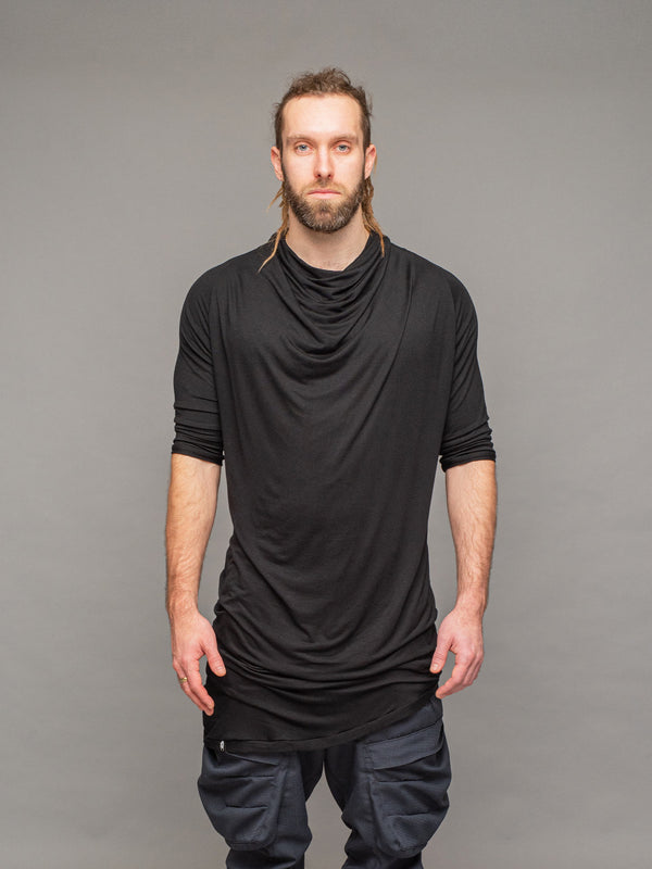 krypt bamboo asymmetric draped t-shirt in black - front view