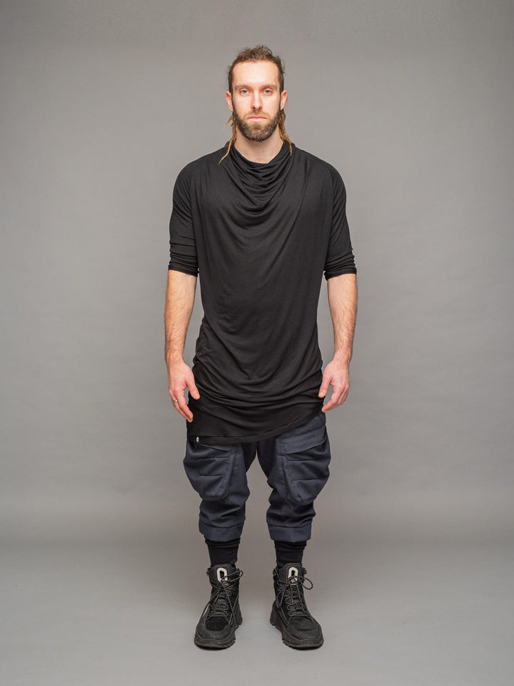 krypt bamboo asymmetric draped t-shirt in black - full body