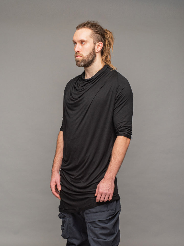 krypt bamboo asymmetric draped t-shirt in black - left side view