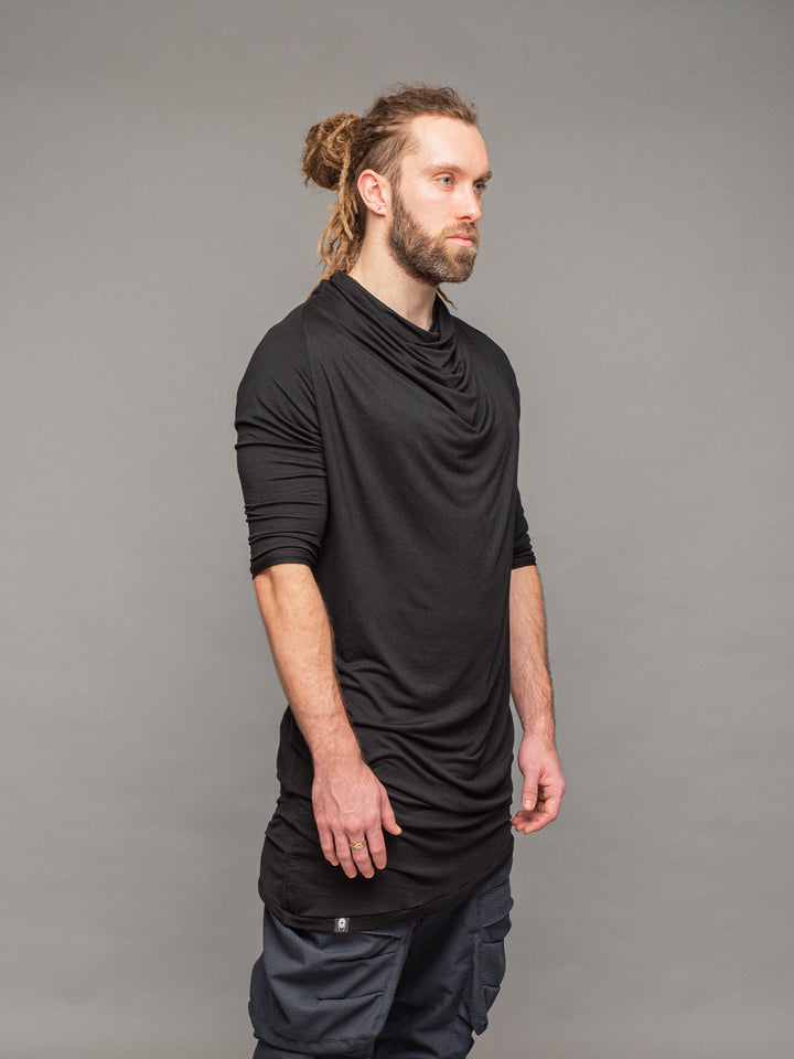 krypt bamboo asymmetric draped t-shirt in black - right view